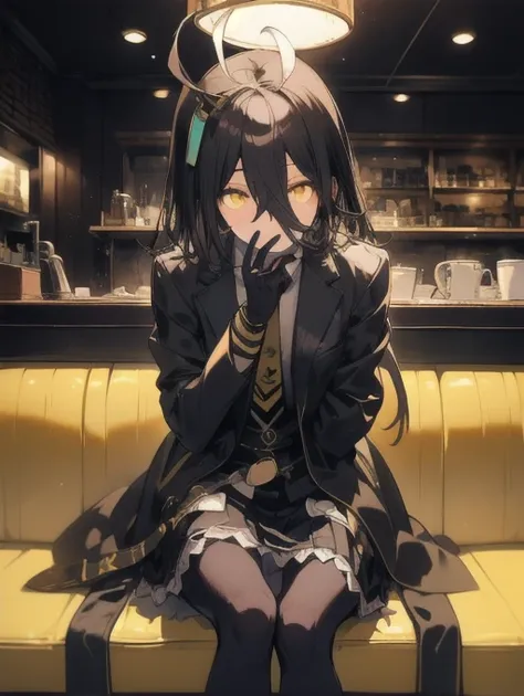 a man sitting alone in a manhattan cafe, expressionless, ahoge, wearing a black jacket, shirt, tie, black gloves, skirt, pantyho...