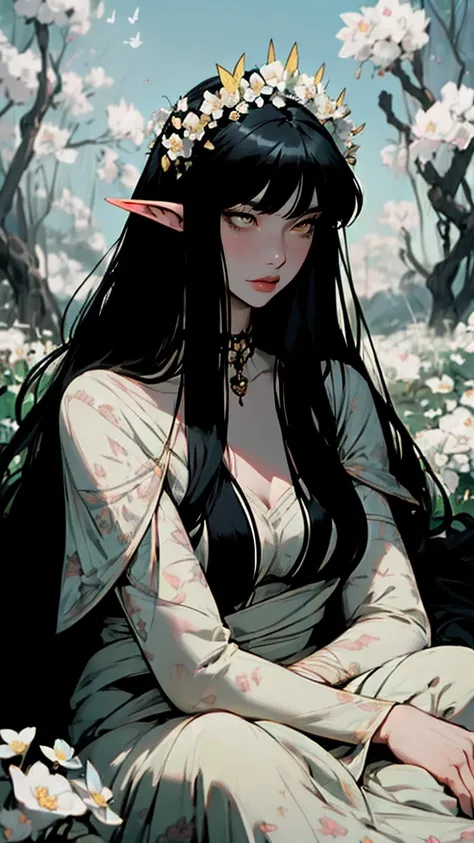 hyper-realistic of a mysterious woman with flowing black hair, hair with bangs, piercing yellow eyes, elf ears, and a delicate floral crown, delicate smile, whole body, sitting on the ground, white flowers arround, butterflies