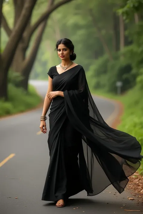 A pretty Indian women model wearing black saree is walking in road