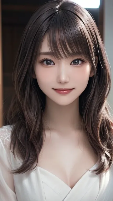 (Best Quality,8K quality,masterpiece:1.3),( super high resolution ,Realistic:1.4,Live Shooting),(Super detailed, caustics),( Ultra Realistic Capture,  beautiful and detailed skin ),  beautiful Japanese,  asymmetrical bang,  smiling at the camera ,Soft ligh...