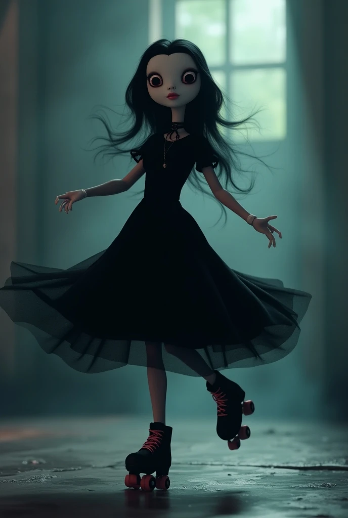 Animated Halloween ghost ,  wearing black dress and white mask wearing roller skates