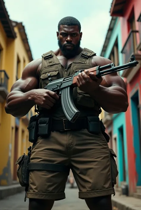 Giant black man , in the favela,  holding an ak-47 rifle, in salvador bahia
