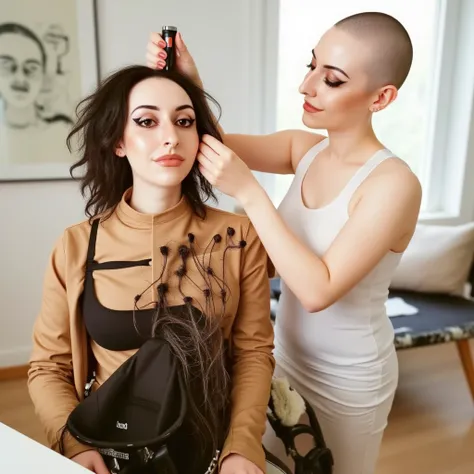 Real photograph of two curvy beautiful young women, (one currently razor shaving the others head bald). ((((first woman is hairless, the skin on her head is pale and smooth)))). (((first woman bald head))). (((she is holding "Wahl" hair clippers which are ...