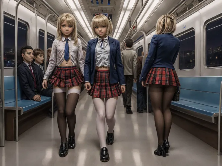 2 beautiful little nine years old Russian school girls, short blonde straight hair, baby face, tiny plaid blue skirt, white pantyhose, nice breasts, tiny white blouse, blue tie, standing on the train at night, full of people, nice legs, nice navel, very th...