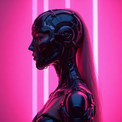 The exo-skeleton mask,3D  fashion model, vibrant vibe, teenage pink background with neon lights creative art  side profile dark and aesthetic 