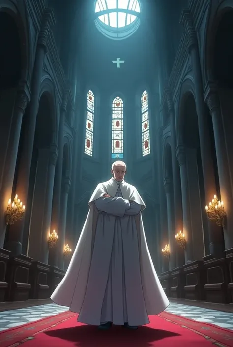 
 anime style，In a large Catholic church ， dim lights ， the pope in a white robe is standing in the center of the picture