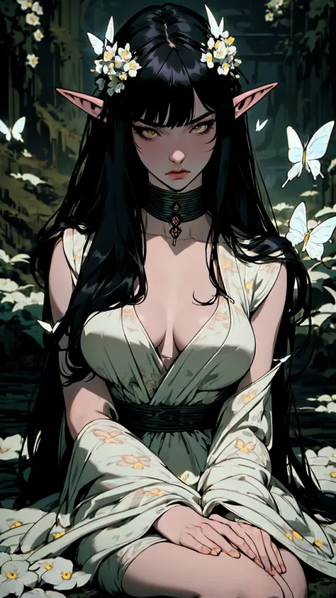 hyper-realistic of a mysterious woman with flowing black hair, hair with bangs, piercing yellow eyes, elf ears, and a delicate floral crown, whole body, sitting on the ground, white flowers arround, butterflies