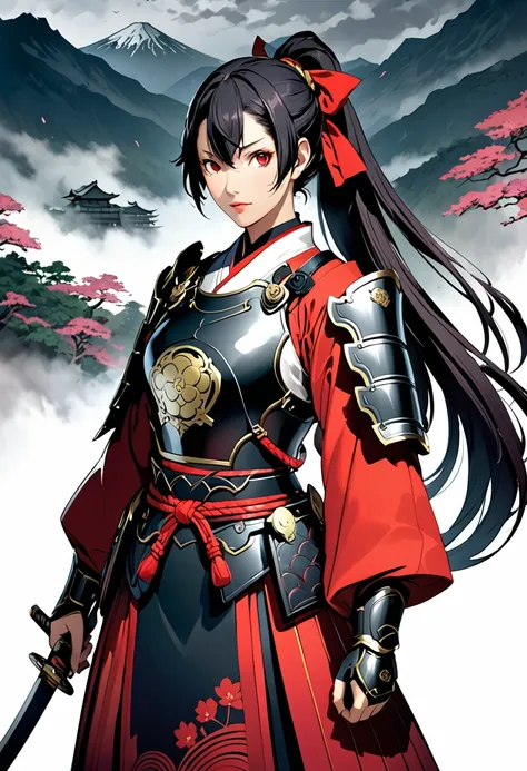 (masterpiece, best quality),detailed illustration of tomoe gozen, a legendary female samurai from 1200s japan, in a highly styli...