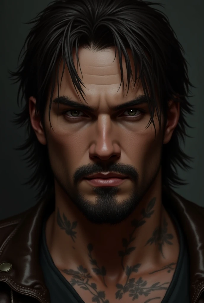 Leon S.  Kennedy with goatee beard and thin mustache and without side beard. long hair and skin tattoos  