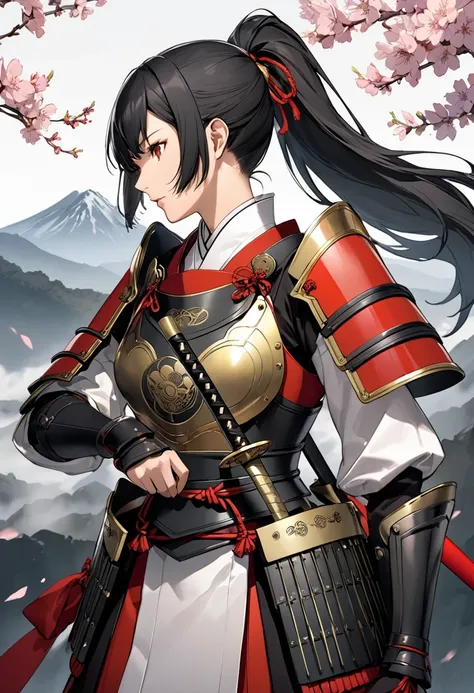 (masterpiece, best quality),detailed illustration of tomoe gozen, a legendary female samurai from 1200s japan, in a highly styli...