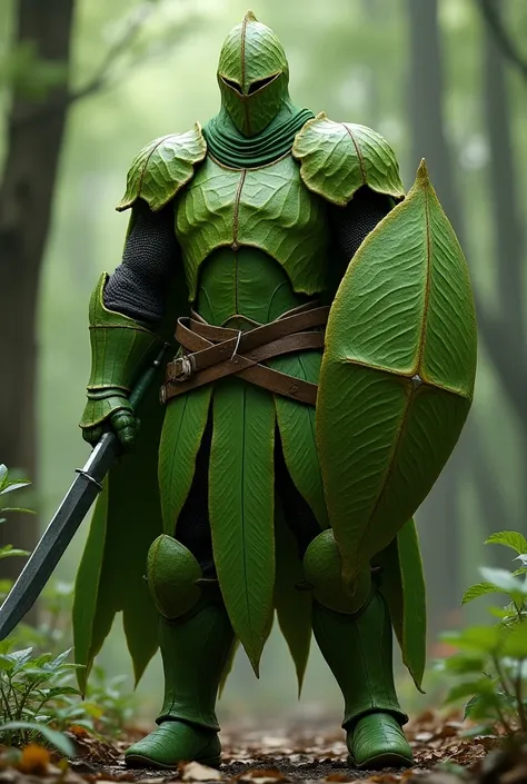  tall knights standing ,  his body is made from bright layers ,  overlapping leaves .  his helmet ,  made from oak and maple leaves ,  has a Templar style visor that provides sturdy protection ,  with small slits for his glowing eyes .  his breastplate is ...