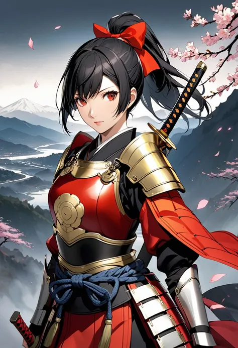 (masterpiece, best quality),detailed illustration of tomoe gozen, a legendary female samurai from 1200s japan, in a highly styli...