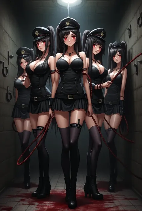  dark and bloody medieval European-style prison 、BDSM style prison 、 restraints for hanging from the ceiling 、There are long whips and regular handcuffs on the wall、Evil female executive、SM Queen、 is a twin tail hairstyle、 shortcuts、Long Hair Randomly 、Red...