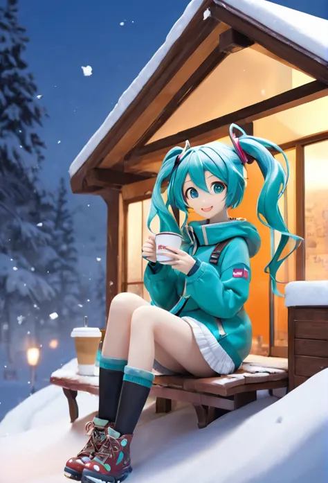 snow shelter:2, 1girl, sitting, enjoy coffe,smile,  ,((high quality,beautiful,best quality, masterpiece,)), hatsune miku,