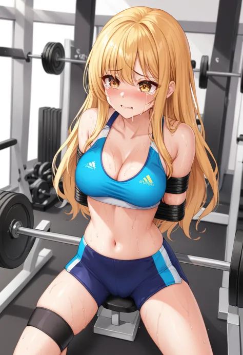      long golden hair   　Eyes are golden　 Beautiful girl with cute face 　   crying expression The woman is wearing sportswear, training, gym　   The woman is restrained by training equipment and can't move   　The woman's whole body is sweating 