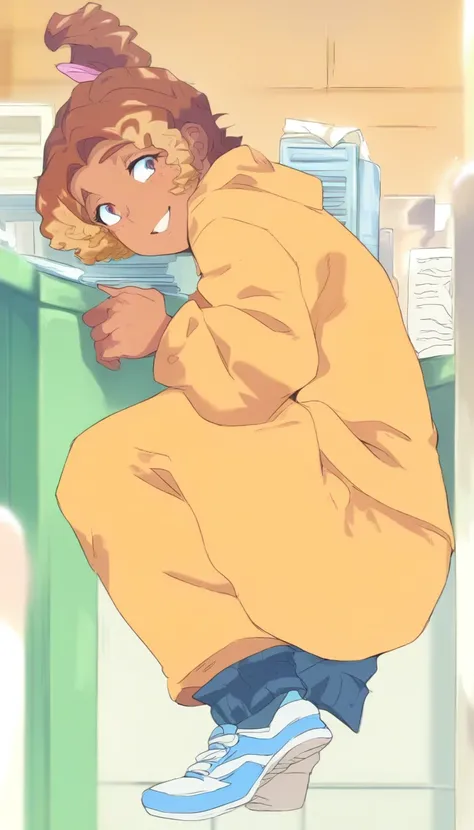 A girl of normal height,    tanned girl dressed as a student,  Wearing a ponytail,   smiling,  orange curly hair  ,  big and large butt , Sitting in the school corridor  .