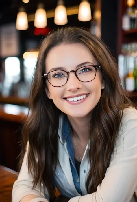 pretty brunette about 32 years old. smiling warmly at camera looking to her side. in a bar setting. wearing glasses and stylish ...