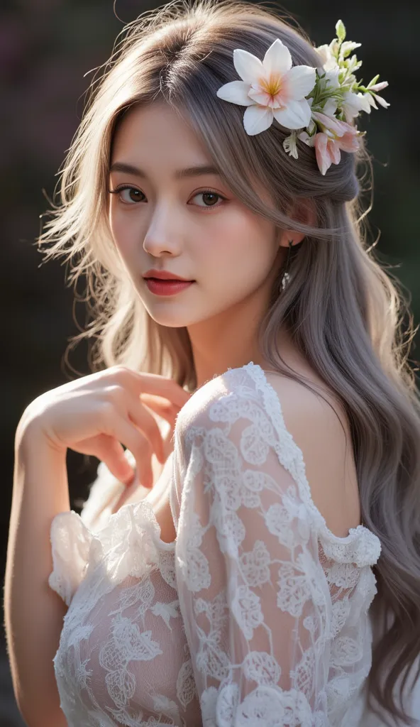 an elegant beautiful young woman with an ethereal and elegant appearance .  she has smooth pink skin long silver gray hair decor...