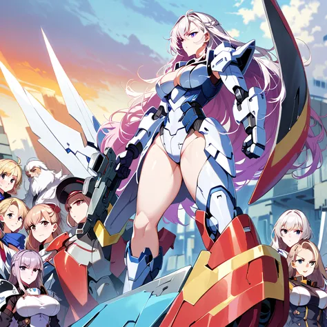 Anime, high detailed, multiple womans, mature womans, mecha armor, large mechanical wings, large Gauntlet, serious, curvy body, long mechanical wings, mecha weapons、Colored armors、magenta Colored aura、BLUE Eyes, elongated pupils,  Mature Woman、magenta aura...