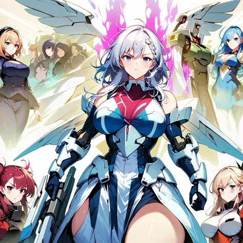 anime, high detailed, multiple womans, mature womans, mecha armor, large mechanical wings, large gauntlet, serious, curvy body, ...