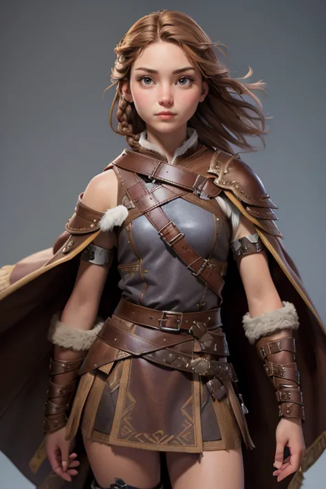 ( masterpiece ,  the best quality ) (young warrior woman of nordic descent), (brown eyeuscular), (fur skirt), (short skirt) (bro...