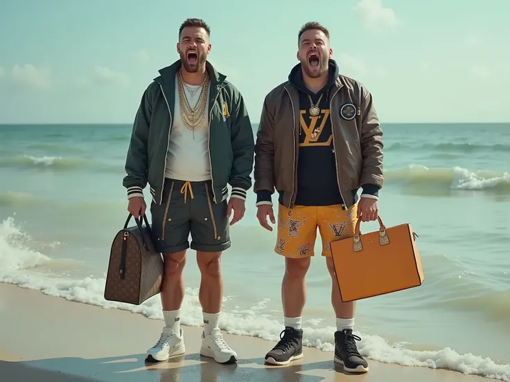 Realistic full length photo, 2 abandoned LV bags are floating away on sea. Background 2 straight 40yo groomed macho white men with excessive swaggiest style ever, siliconed inflated lips, big logos clothes, Gucci fashion shiny shorts, LV jackets & t-shirts...