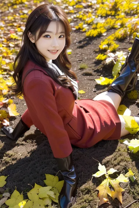 japanese model wearing a red coat and black boots sitting on a yellow leaf,  elegant japanese woman,   wearing a red jacket , cu...