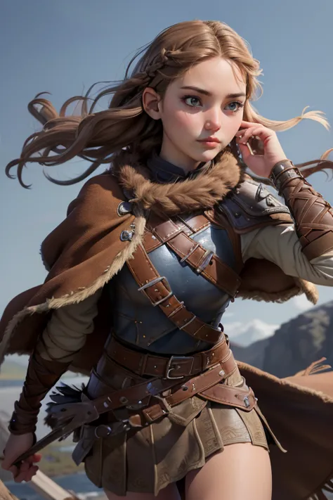 ( masterpiece ,  the best quality ) (young warrior woman of nordic descent), (brown eyeuscular), (fur skirt), (short skirt) (bro...