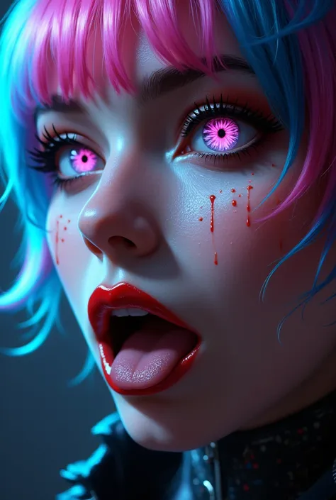 Close-up:
 A beautiful young Korean woman .
 spiked hair, pink and blue, bangs covering the eye.
Striped honey-colored eyes , expressive, deep,  Cintilante, obfuscating, bioluminescentes. 
 Blurry Makeup.
 Porcelain-white skin .
 Full and bulky mouth with ...