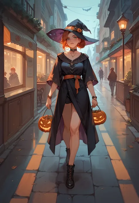 Redhead dressed as a sexy witch walking down the street on Halloween, 