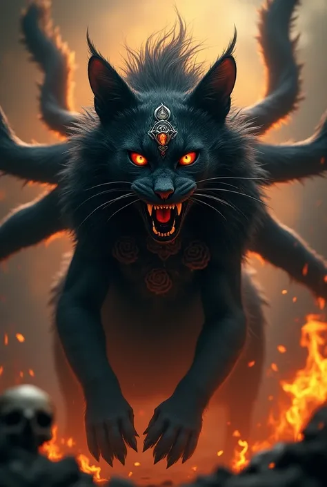 Make a cat in the image of the goddess Kali with her main physical characteristics according to the sacred books of Hinduism 