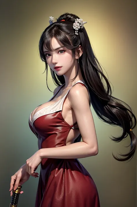 Close up of a woman wearing a red dress and holding a sword,beautiful empress ,Chinese Warrior,A beautiful rendering of the Han Dynasty, Beautiful Fantasy Empress ,masterpiece,Ancient Chinese Goddess,1 person,Large Breasts, highly detailed face and skin te...