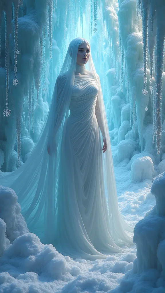 A captivating fractal landscape of iridescent ice formations, encasing a radiant Mummy, draped in flowing silken veils, and surrounded by delicate snowflakes dancing in the breeze.