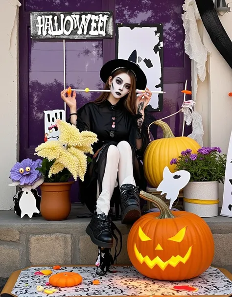 western-style ，水彩blooming， cute witch avatar silhouette with halloween western-style architecture and pumpkin lanterns，candy，gho...