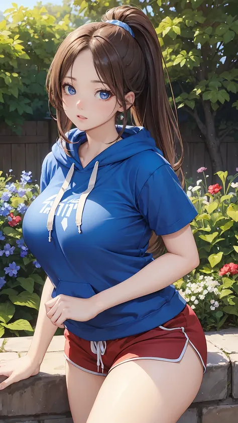 ( masterpiece :1.2), (  of the highest quality :1.2),,  Curvy but slender body , perfect eyes, perfect face,  perfect lighting , 1 girl, in the garden, （Gymnastics，（Hoodie），（red shorts），（t-shirt），（ ponytail ）， fine clothes, detailed background outdoors, co...