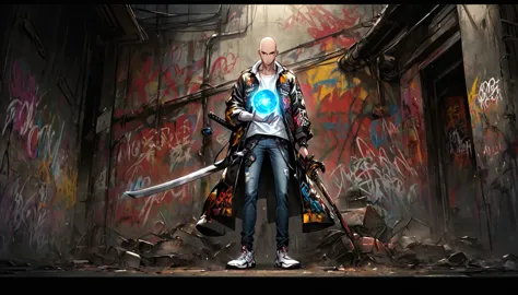 boy, bald, small neck, white collar , black tie,  jeans, shirt off the pants , grafitti jacket, white sneakers, standing, headse...