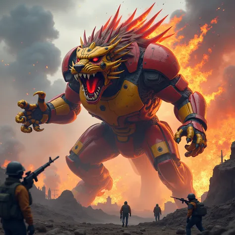 Robot lion in the form of an animal fighting with a kaiju, hit by the attack of the giant kaiju ,  screaming in pain ,  Lion colors are red and yellow  , Background of a war  , Focus from afar ,  Card style art by Yugioh  .