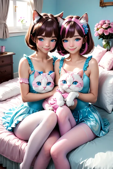 (1 man, 1 woman) (white and pink cat facepaint) (bob cut, brown hair, blue eyes, feline features) (hetero, couple) (crossdressin...