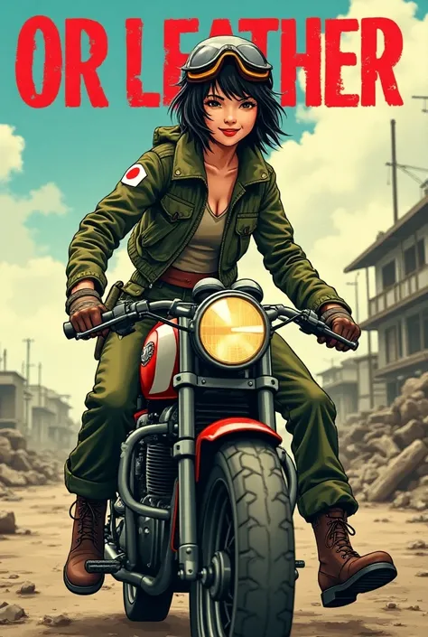   pop art style  . young, , Disheveled black hair ,  short hair, ,Smiling Japanese woman  、, Durable cargo pants, Durable boots, Vintage Helmet、Goggles and gloves,    wear a stylish flight jacket with a Japanese flag patch on the shoulder、 riding a zero-wa...