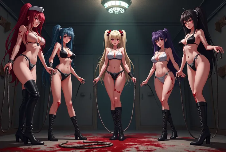  dark and bloody medieval European style basement、BDSM style basement 、 restraints for hanging from the ceiling 、There are long whips and regular handcuffs on the wall、Evil female executive、SM Queen、 is a twin tail hairstyle、 shortcuts、Long Hair Randomly 、...