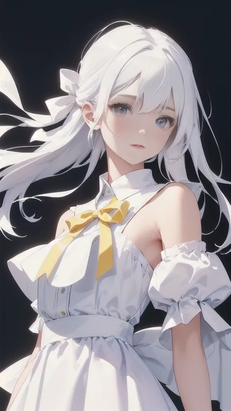 white haired teen wearing an all white dress.   she has a yellow ribbon holding up her hair