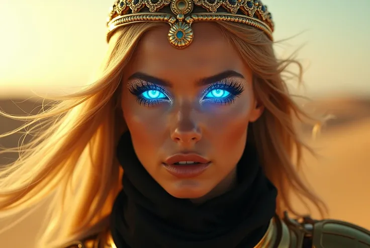  Face image of a beautiful and stunning Arab girl ,  she is wearing a closed and sturdy golden war armor made of polished and shiny metal that reflects sunlight, detailed skin, odalisca sexy, Fluorescent Blue Eyes,  has bright and strong blue light coming ...