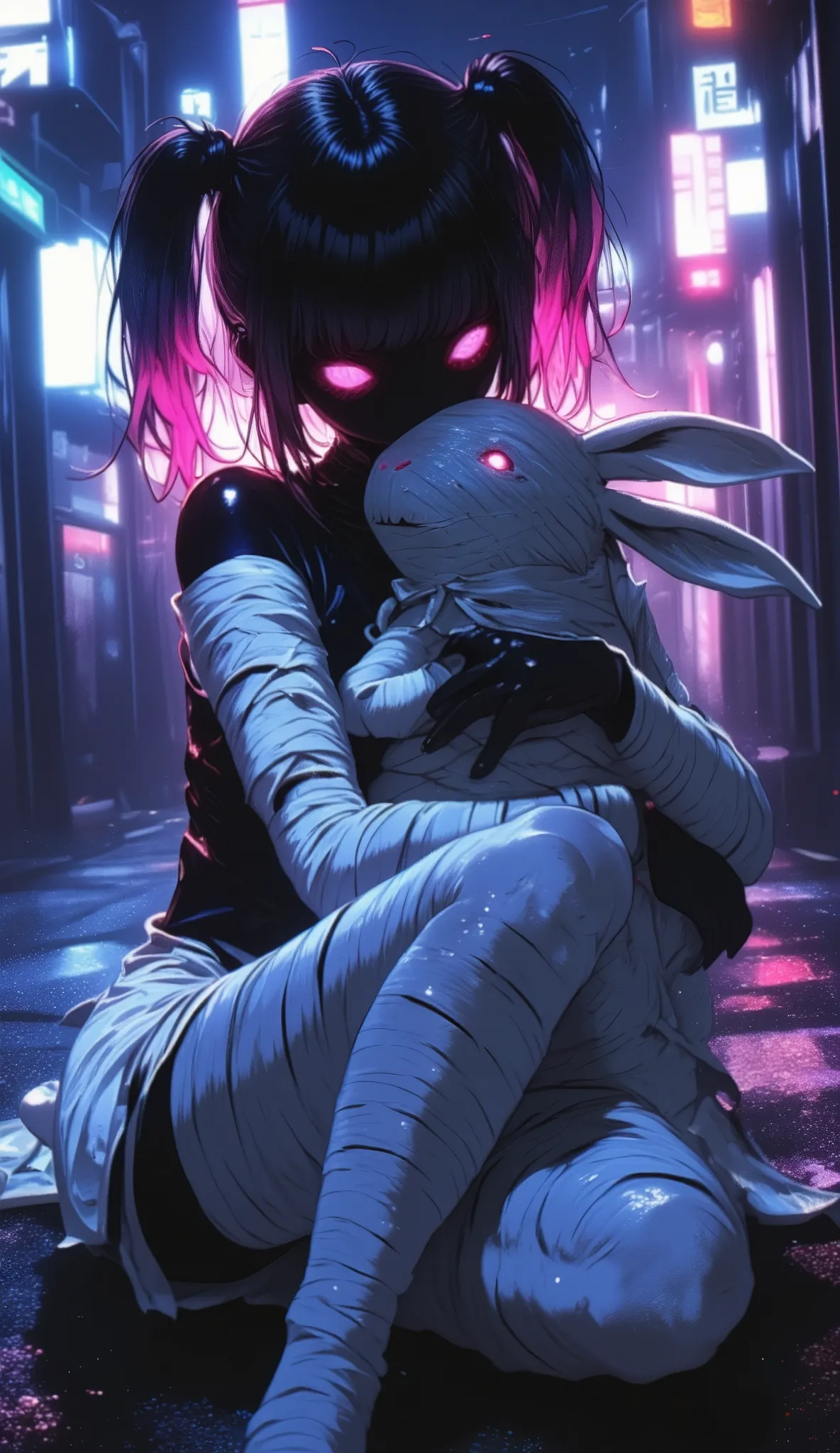 mummy-girl\(mummy,all body white bandaged, all face white bandaged,hair\(black base and pink dip-dye hair,twintails,floating,rolled,detailed,shiny\),sitting on ground,breast,looking at viewer,\) is hugging doll\(rabbit\(bandaged mummy,evil\)\).background\(at alley,harajyuku\(tokyo,japan\),at night,dark\).quality\(8k,wallpaper of extremely detailed CG unit, high resolution, top-quality, top-quality real texture skin, hyper realistic, increase the resolution, RAW photos, best quality, highly detailed, the wallpaper,golden ratio,high saturation realism, vibrant colors, dramatic lighting, persuasive storytelling, atmospheric scenery, captivating visuals, intricate details, strong emotions,dreamlike world\).landscape