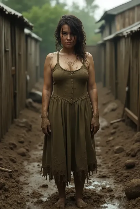 Muddy woman in dress in muddy pig pen covered in mud 