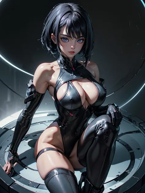 (masterpiece, best quality, ultra-detailed, highres), perfect face, side lighting, lustrous skin,(bloom), (shine), lighting, ray tracing, sci-fi, 1girl, solo, black hair, black lips, multicolored hair, gloves, electrical cables hanging from her arms, sitti...