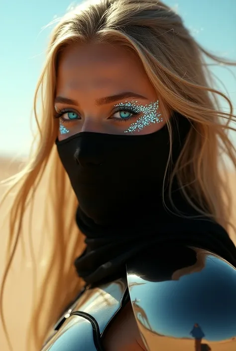  Face image of a beautiful and stunning Arab girl ,  she is wearing a closed and sturdy chrome war armor made of polished and shiny metal that reflects sunlight, detailed skin, sexy,  fluorescent blue eyes ,  has bright and strong blue light coming out of ...