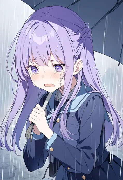 ((anime))、pastel、 woman,Purple Hair,Navy Clothes, crying,In the Rain