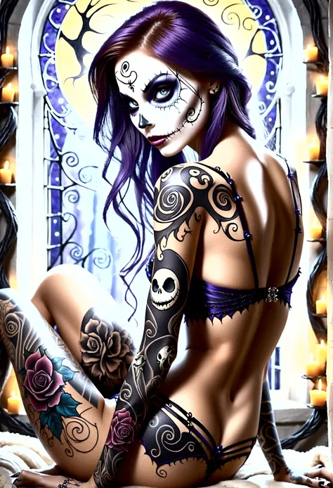 Create a hyper detailed photograph of a nightmare before Christmas tattooed young sexy stunning gorgeous sally Skellington, Stunningly perfect gorgeous face, perfect makeup,detailed vibrant eyes, long hair,detailed perfect beautiful legs, detailed perfect ...