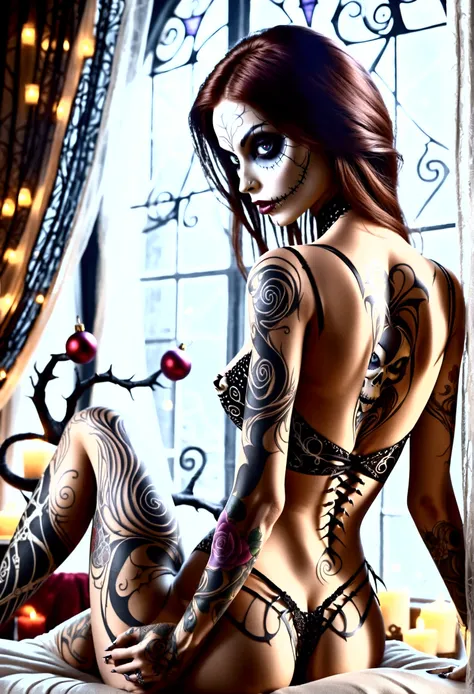 Create a hyper detailed photograph of a nightmare before Christmas tattooed young sexy stunning gorgeous sally Skellington, Stunningly perfect gorgeous face, perfect makeup,detailed vibrant eyes, long hair,detailed perfect beautiful legs, detailed perfect ...