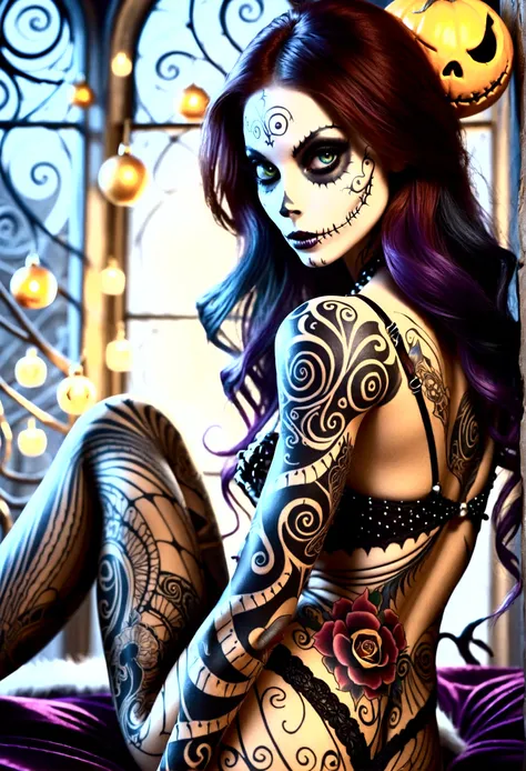 Create a hyper detailed photograph of a nightmare before Christmas tattooed young sexy stunning gorgeous sally Skellington, Stunningly perfect gorgeous face, perfect makeup,detailed vibrant eyes, long hair,detailed perfect beautiful legs, detailed perfect ...